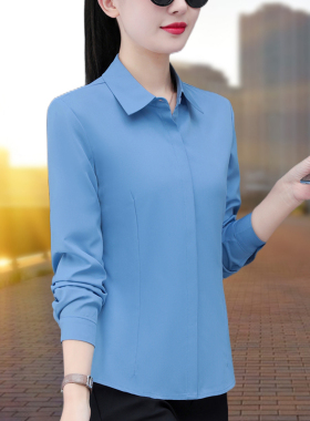 蓝色衬衣女款2026年春季新款长袖衬衫通勤职业装妈妈修身雪纺上衣
