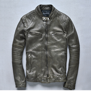 修身 韩版 立领做旧植鞣羊皮机车夹克皮外套 真皮皮衣男士 秋冬新款