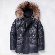 新版男士冬季男款商务休闲保暖高档绵羊皮中长款真皮羽絨服