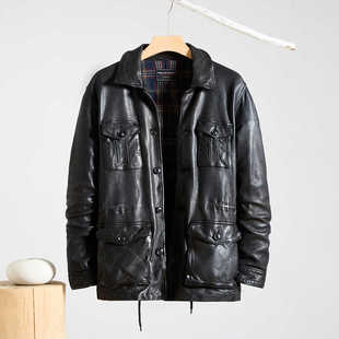新款美式工装复古旧化男头层绵羊皮改款M65猎装夹克翻领真皮皮衣