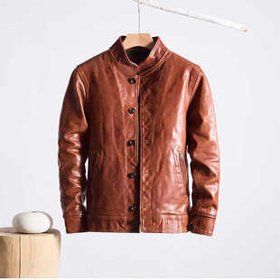 真皮皮衣 植鞣头层马皮爱因斯坦夹克立领修身 新品 日系复古做旧男装