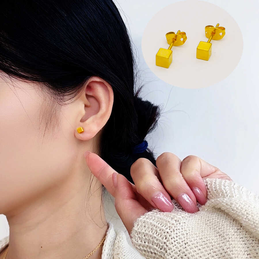 2025新款爆款方形耳钉女款999仿黄金简约沙金小金珠足金色耳饰品