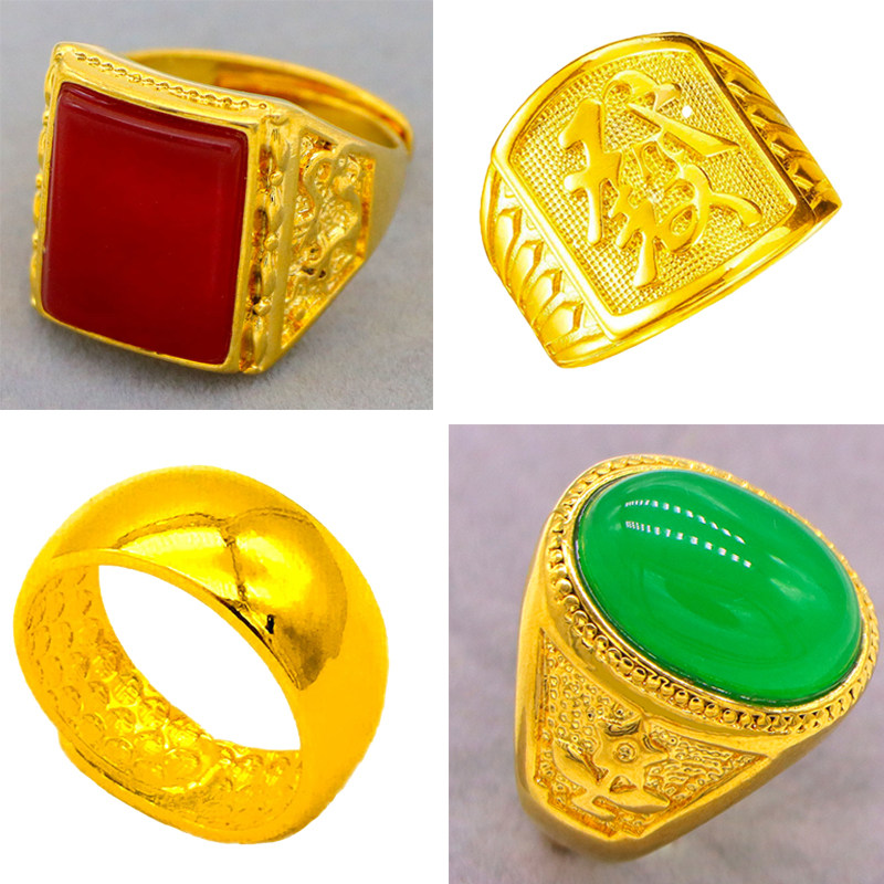 越南沙金戒指男霸气镀纯黄金色镶宝石999活口指环久不掉色首饰