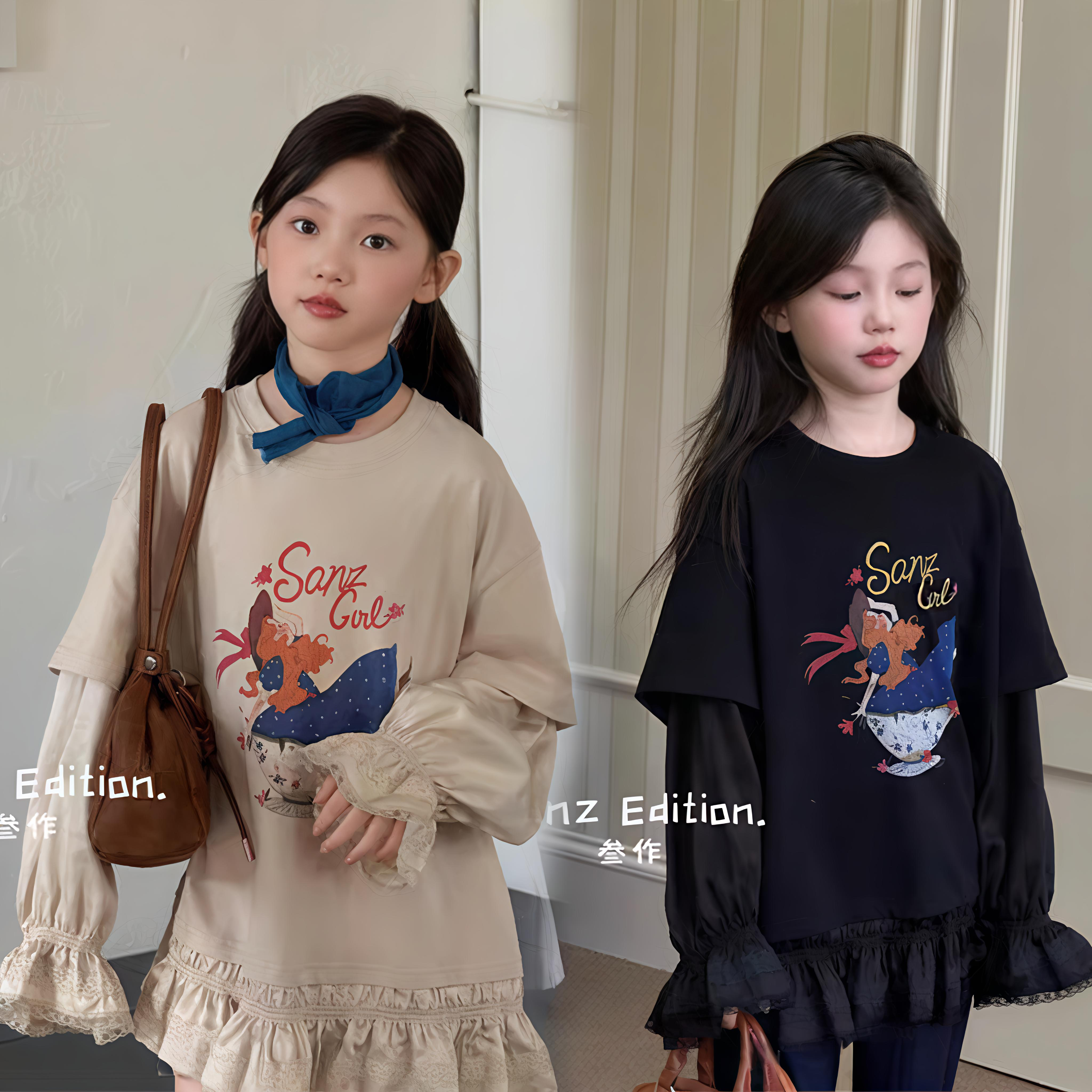 现货2025秋款叁作波拉BORA韩国童装女童蕾丝裙摆假两件长袖T恤潮