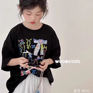 现货2025夏款波拉BORA韩国童装女童蝴蝶结短袖T恤儿童洋气上衣潮