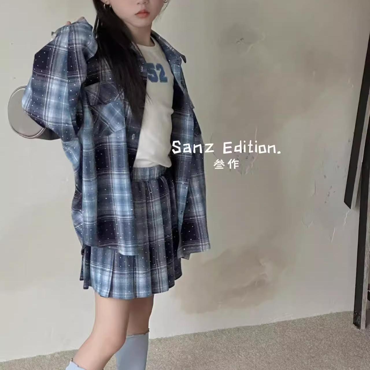 现货2025春款叁作波拉BORA韩国童装女童盐系格纹衬衫短裙防晒套装
