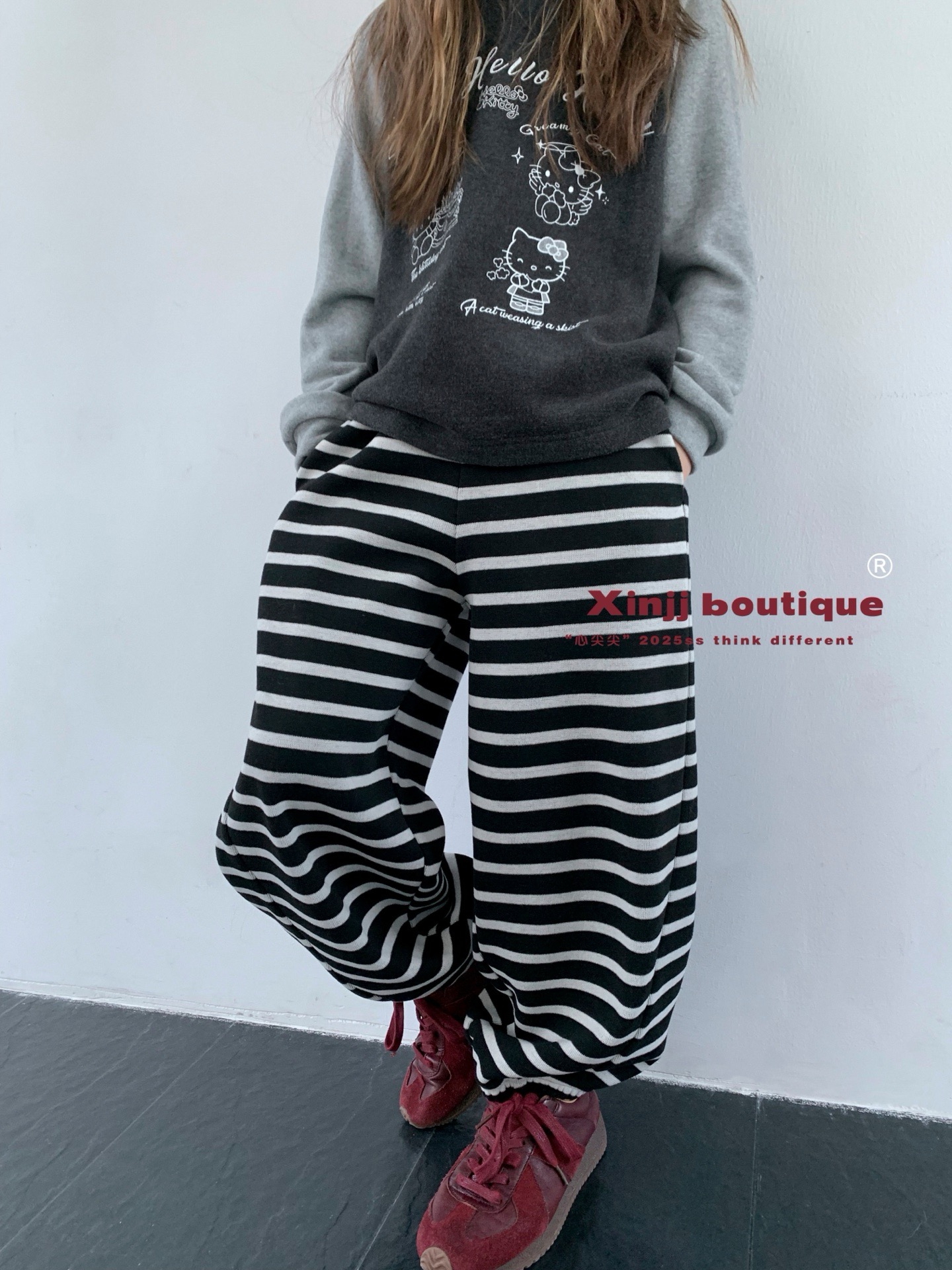 现货2025冬款波拉BORA韩国童装儿童加绒加厚条纹休闲裤卫裤运动裤