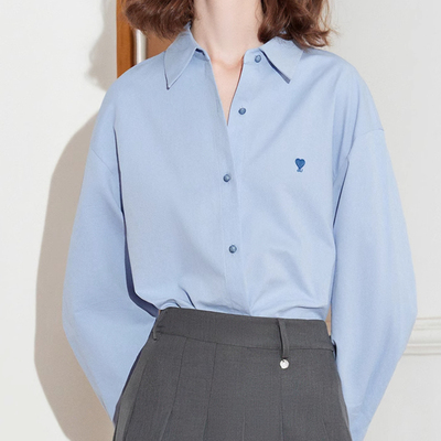 纯棉翻领衬衫女上衣2025年秋季新款简约长袖刺绣高级感蓝色衬衣