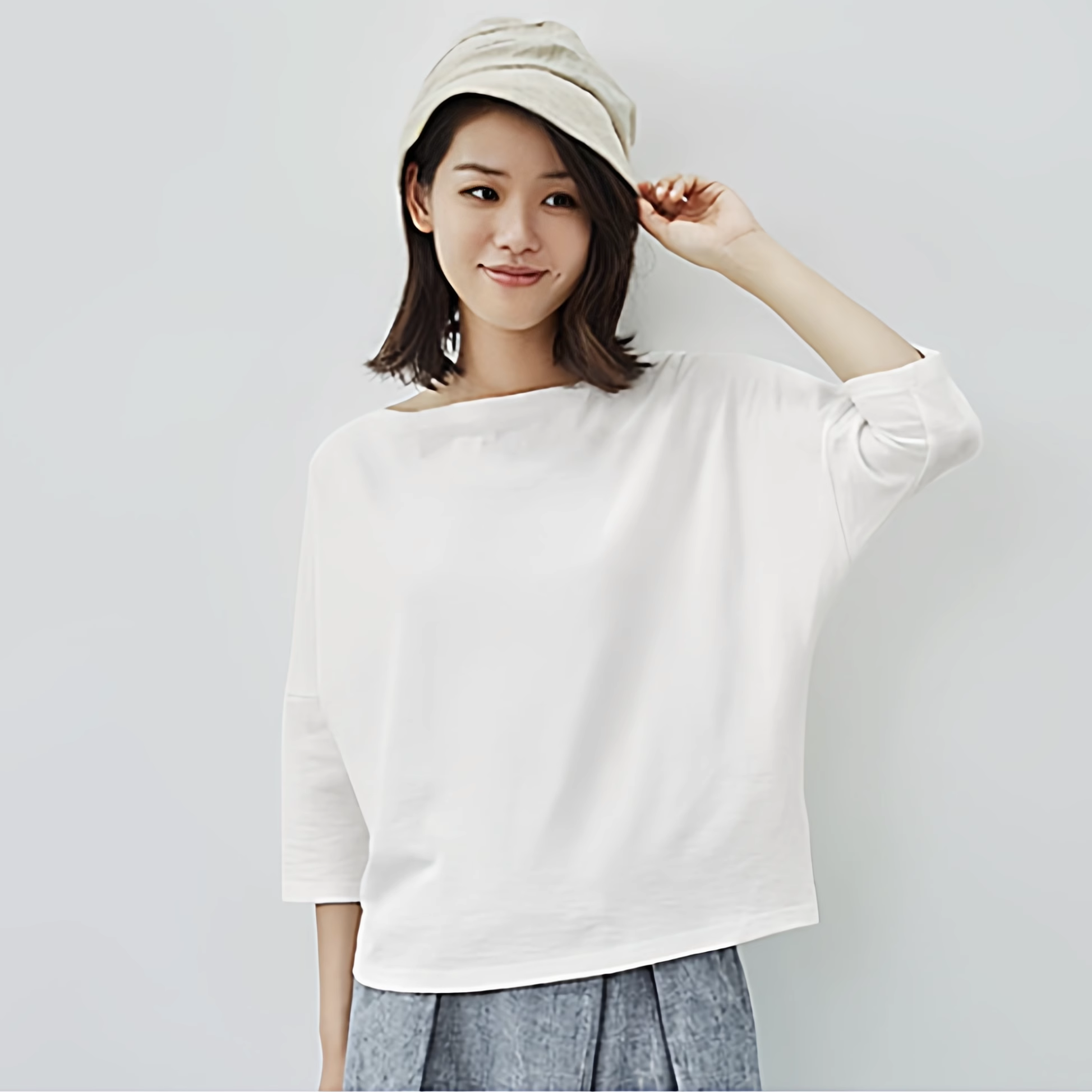 2025夏秋装纯棉一字领七分袖T恤女宽松蝙蝠袖白色打底衫