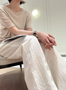 壹恩Stoer 高端老钱风 LP随性舒适型亚麻条纹休闲裤直筒裤
