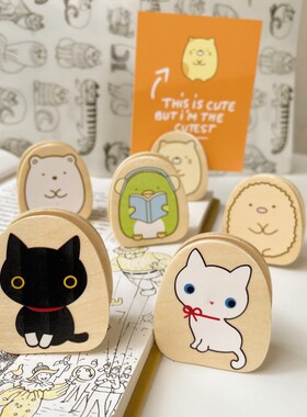 猫部杂货 日式迷你呆萌猫咪木质夹子照片夹桌面摆件便签留言夹