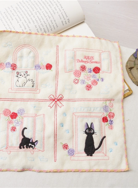 猫部杂货 日本宫崎骏吉吉猫的告白纯棉方巾刺绣无捻手帕小毛巾