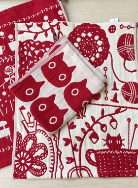 猫部杂货 红色猫咪提花棉纱方巾卡通玫瑰小猫擦手巾儿童洗手面巾