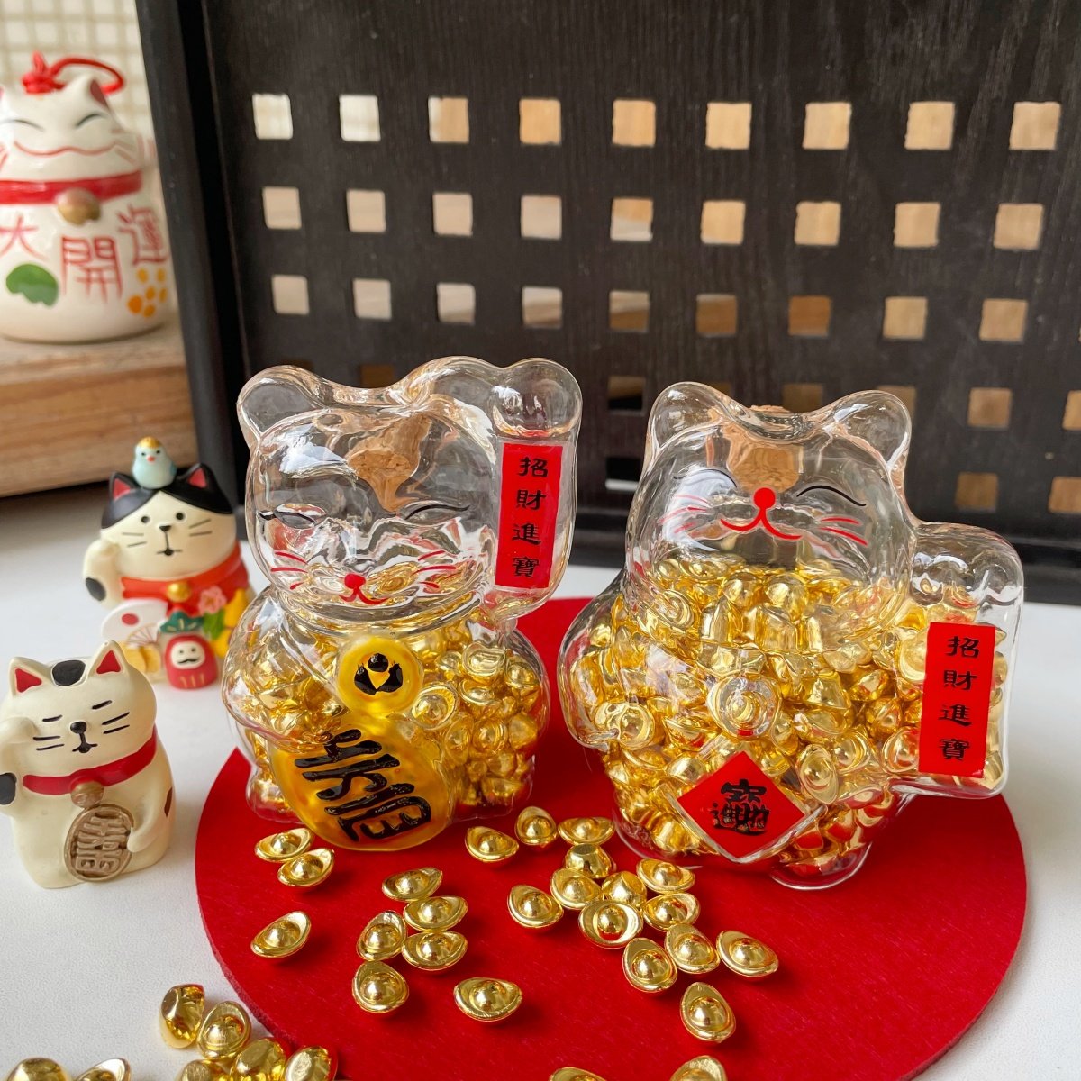 猫部杂货招财猫迷你攒小金豆存钱罐玻璃小罐可爱猫咪装饰收纳瓶