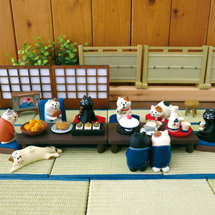 猫部杂货 日系和风家庭聚会各种唠嗑 黑猫喝酒三花猫吃鲷鱼小摆件