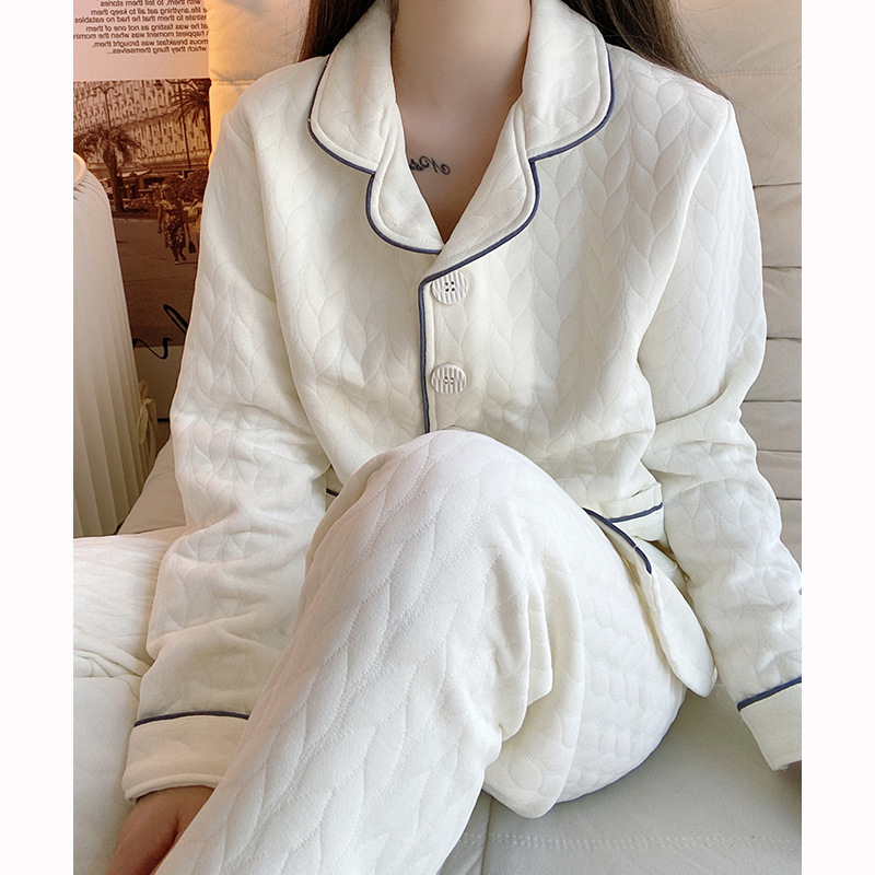 美梦秋冬睡衣女春秋款长袖加厚纯棉空气棉2023年新款提花米白开衫