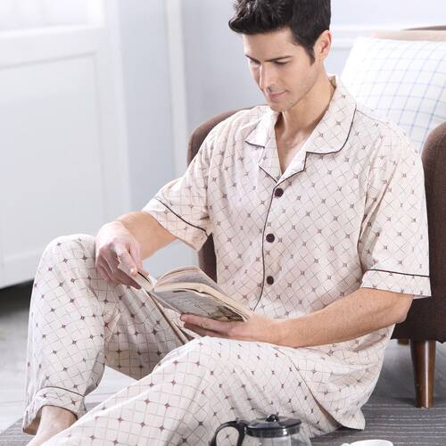 美梦睡衣男夏季纯棉短袖长裤薄款中年爸爸夏天男款套装家居服