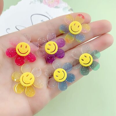 46mm亚克力透明渐变色闪粉笑脸花朵 DIY手工饰品挂件材料配件