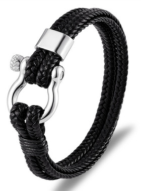 男士真皮编织手环欧美手链马蹄扣不锈钢饰品手环手镯钛钢