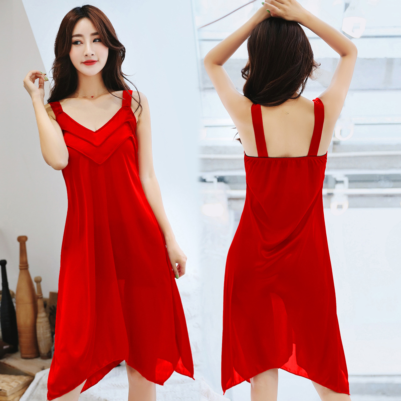 睡衣女夏仿真丝短袖睡裙大码胖MM200斤性感冰丝丝绸吊带孕妇薄款