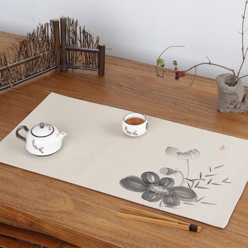 手绘茶席麻布禅意布艺纯色双层桌旗棉麻茶盘垫干泡台功夫茶道配件