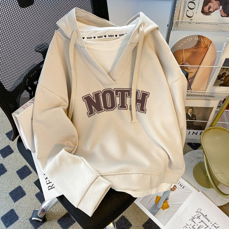 加绒胖MM双层帽字母印花连帽卫衣外套冬装假两件拼接松弛女上衣潮