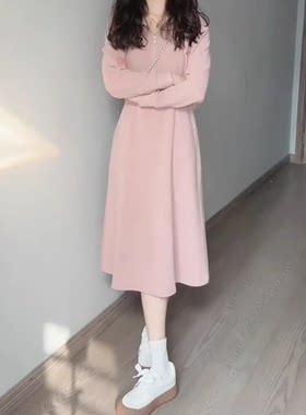 法式抽绳连帽粉色显瘦修身秋冬季连衣裙长袖纯色半拉链A字卫衣裙