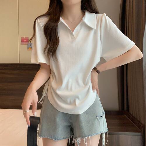 夏装胖MM短袖纯色抽绳设计衬衫上衣服韩版简约宽松T恤POLO领女潮