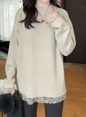 200斤胖mm大码女装秋冬蕾丝花边长袖T恤加绒打底衫中长款德绒上衣
