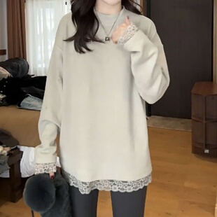 200斤胖mm大码女装秋冬蕾丝花边长袖T恤加绒打底衫中长款德绒上衣
