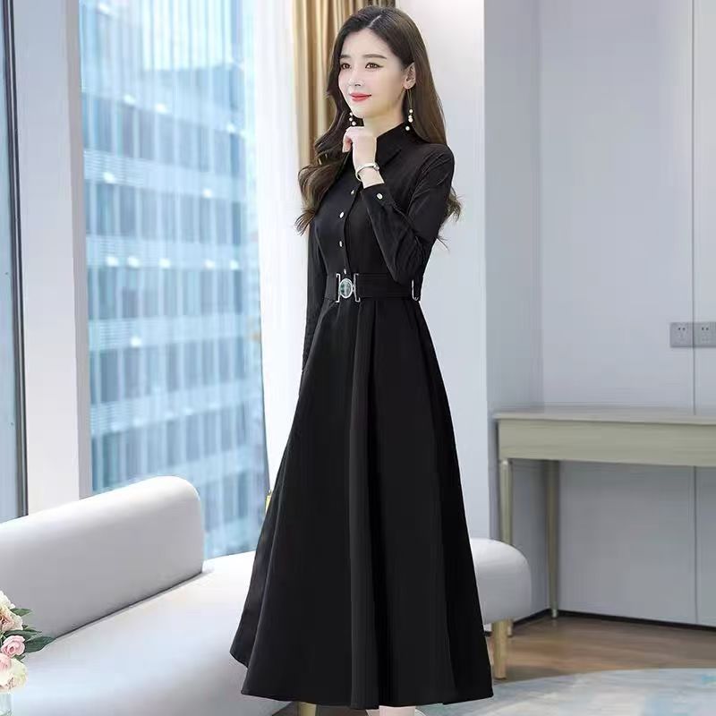 秋季端庄大气收腰A字连衣裙子韩版纯色polo领长袖气质打底长裙子