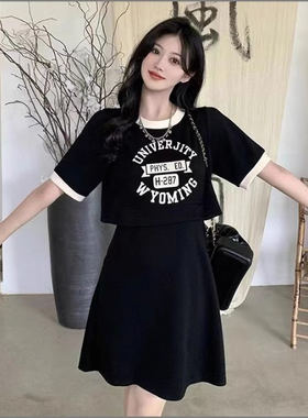 显瘦百搭字母印花假两件显瘦撞色拼接短袖连衣裙休闲A字小黑裙子