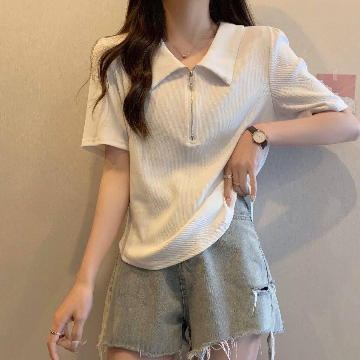 夏天胖MM简约纯色设计T恤小衫韩版内搭宽松半开领短袖女衬衫上衣