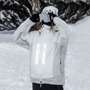 雪否 oversize单板滑雪服加绒 白灰3L防水防风耐磨滑雪外套全压胶