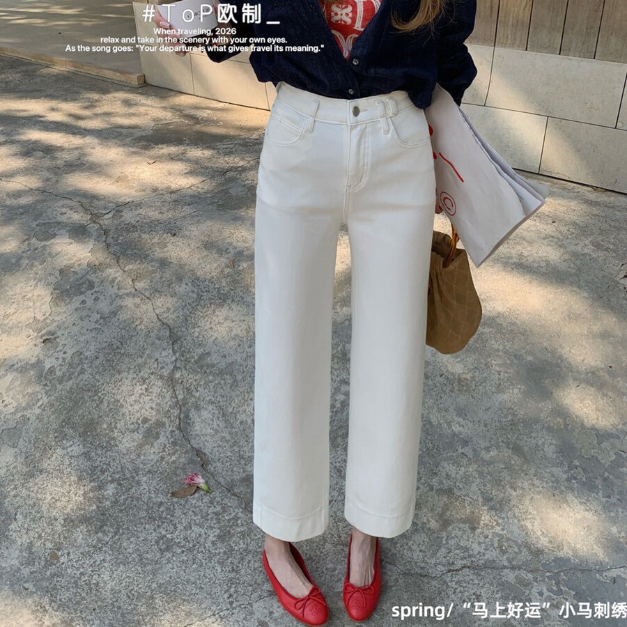 欧洲站TOP欧制小马刺绣四面弹九分直筒裤女2026春款直腿牛仔裤潮