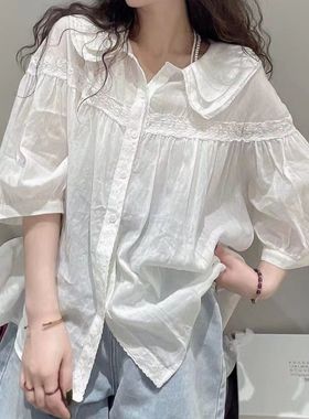 柏拉图BOLATU夏季新款日系纯色单排扣五分袖娃娃领衬衫女棉麻上衣