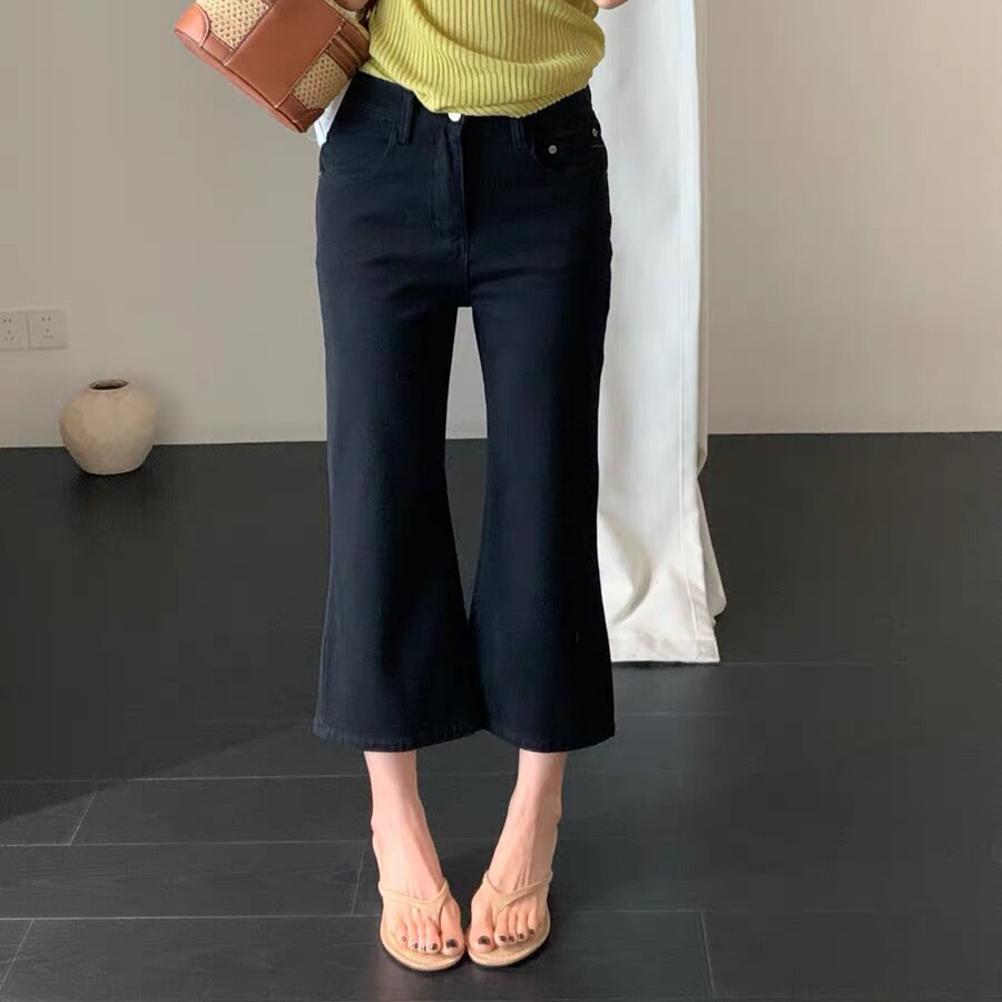 MINGXI明熙四面弹韩系穿搭牛仔七分微喇裤女夏季新款显瘦高腰裤子