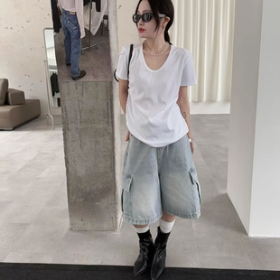 HUACAI韩版U领短袖宽松显瘦T恤女2026春夏简约休闲百搭上衣24618