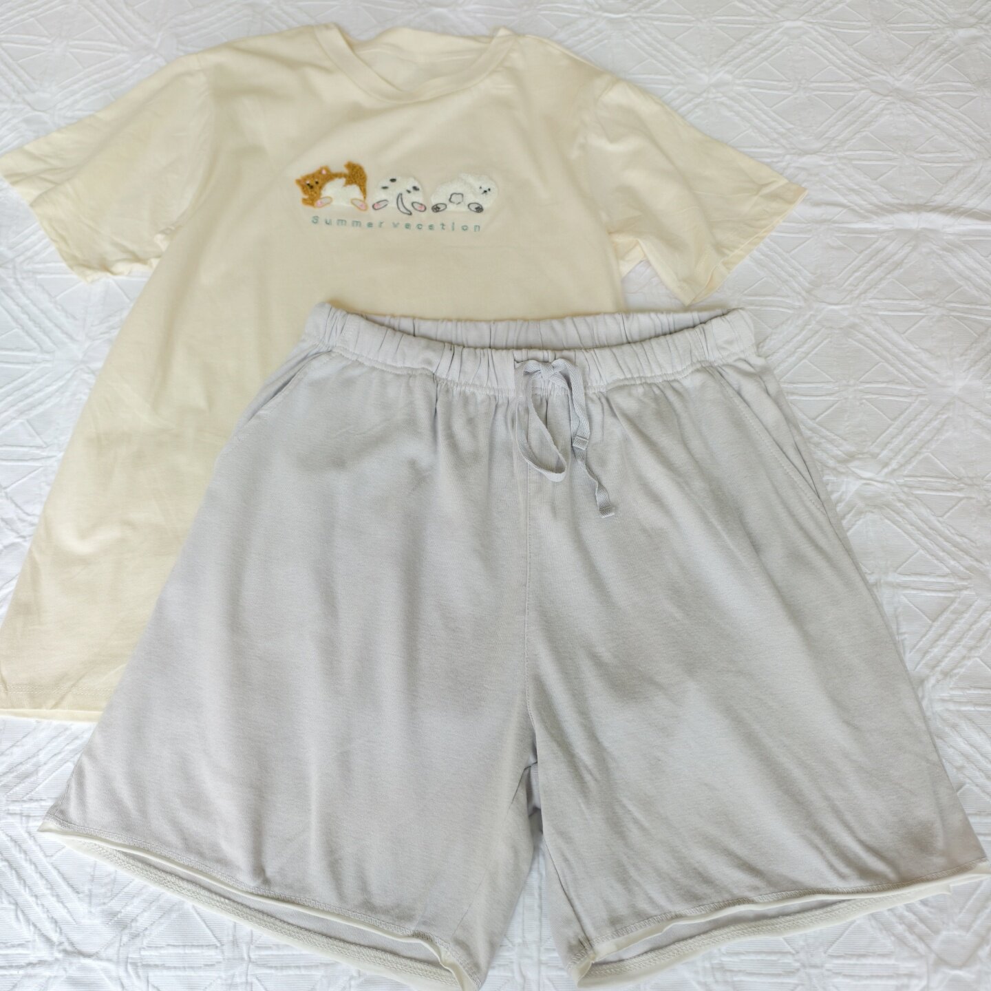 外贸日单tutu夏季卡通睡衣女棉贴布绣小狗短袖短裤家居服套装包邮