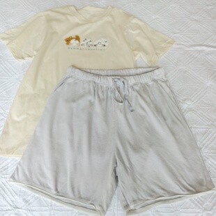 外贸日单tutu夏季卡通睡衣女棉贴布绣小狗短袖短裤家居服套装包邮