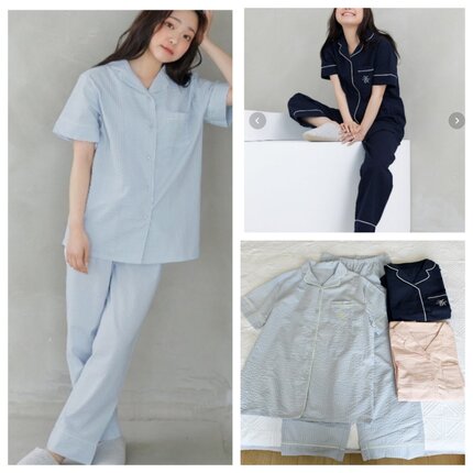 出口日单tutu春夏薄睡衣女纯棉泡泡纱短袖长裤家居服套装简约包邮