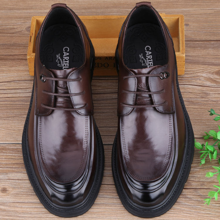 2025秋季新款男鞋商务休闲皮鞋厚底真皮潮鞋系带软底牛皮棕色气垫