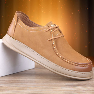 2025秋季新款男鞋运动休闲皮鞋厚底真皮防滑平底超轻大头皮鞋土黄