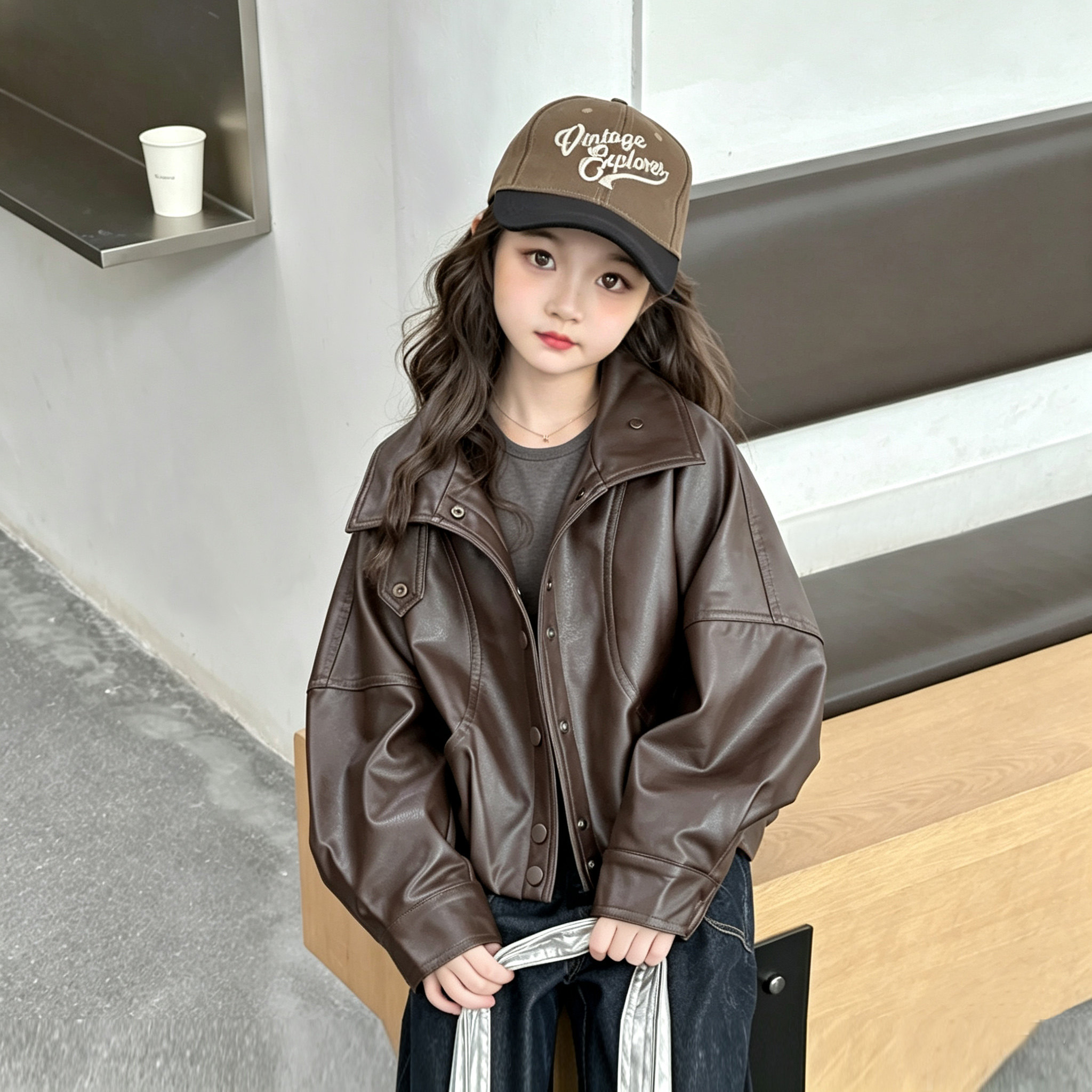 女童机车风立领皮衣夹克秋款