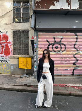 NanaByNana【高街slay】抽绳白色休闲裤女春夏慵懒阔腿工装伞兵裤