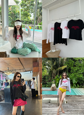 NanaByNana【巴斯vibe】植绒印花长袖亚麻t恤女春夏黑白透气短袖