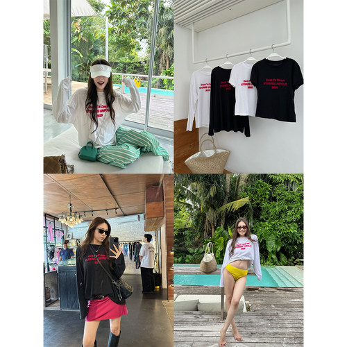 NanaByNana【巴斯vibe】植绒印花长袖亚麻t恤女春夏黑白透气短袖