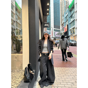 NanaByNana【时髦随性】复古设计感水洗牛仔裤女春季弯刀阔腿裤