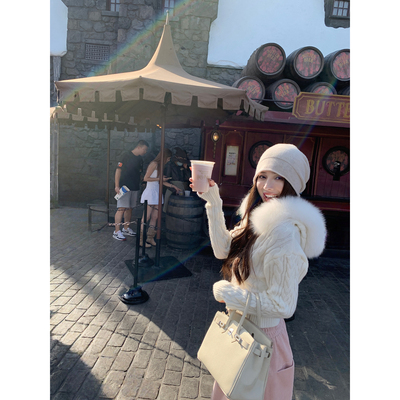 NanaByNana【绒绒雪意】狐狸毛毛领连帽毛衣女秋冬修身针织开衫