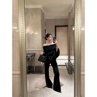 NanaByNana【摩登教主】黑色直筒阔腿牛仔裤女春秋古弹力显瘦长裤